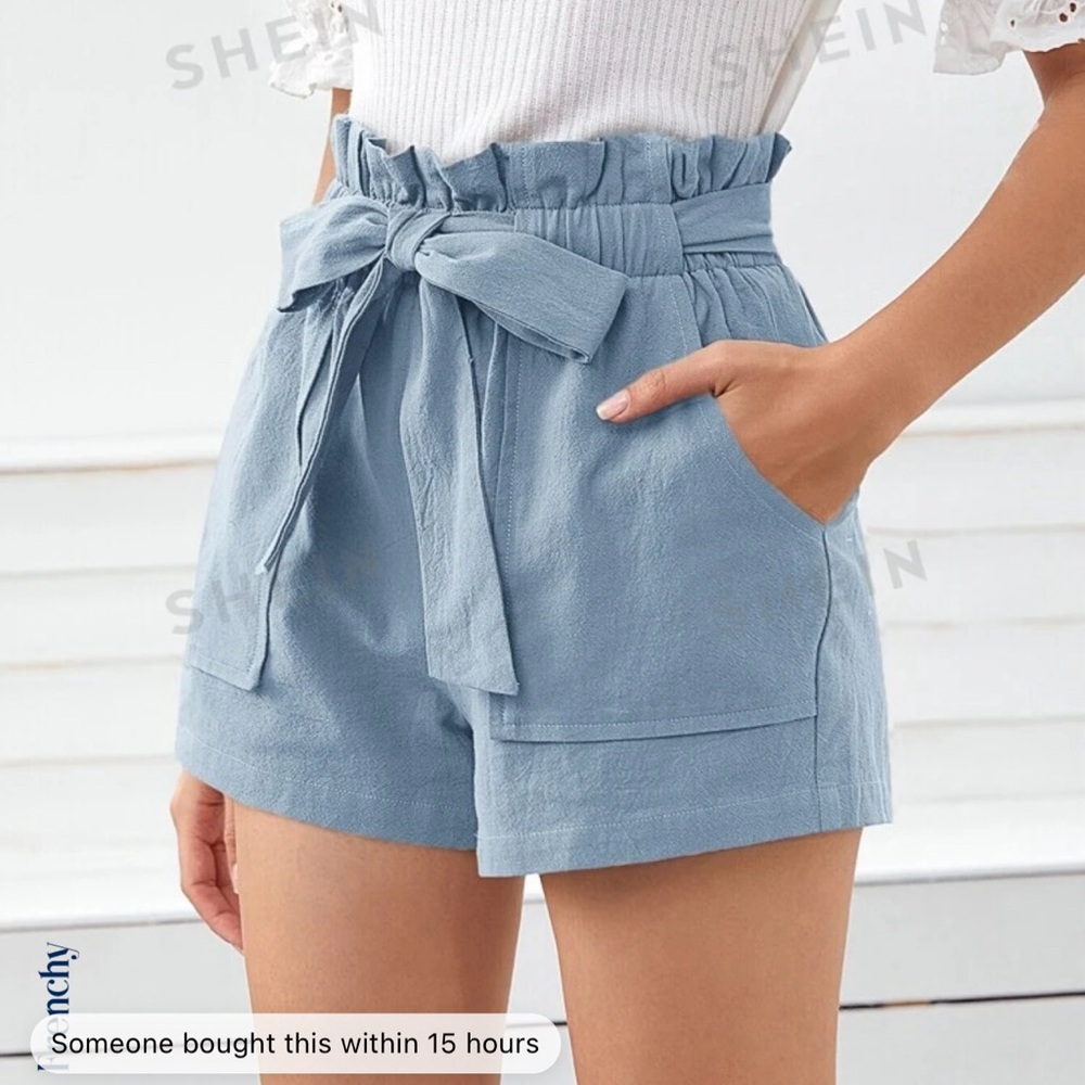NEW SHEIN Frenchy Paperbag Waist Slant Pocket Belted Shorts Size Medium